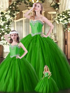 Sumptuous Green Sleeveless Floor Length Beading Lace Up Sweet 16 Dress