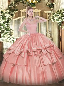 Extravagant Sleeveless Taffeta Floor Length Zipper Quinceanera Dresses in Coral Red with Beading and Ruffled Layers
