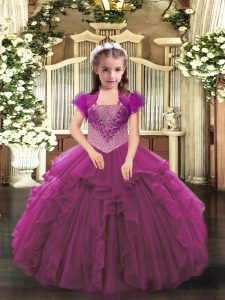 New Style Fuchsia Organza Lace Up Little Girl Pageant Dress Sleeveless Floor Length Beading and Ruffles
