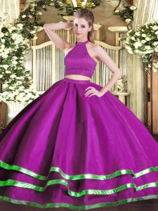Custom Fit Floor Length Backless Vestidos de Quinceanera Fuchsia for Military Ball and Sweet 16 and Quinceanera with Beading