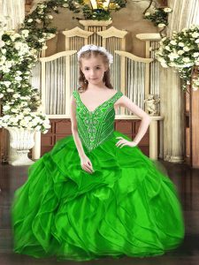 Gorgeous Green V-neck Lace Up Beading and Ruffles Girls Pageant Dresses Sleeveless