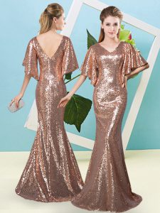 Sweet Brown Sequined Zipper V-neck Half Sleeves Floor Length Prom Evening Gown Sequins