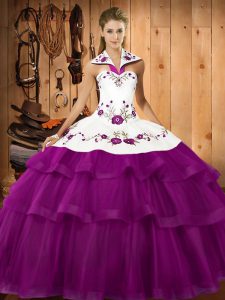  Eggplant Purple Ball Gowns Halter Top Sleeveless Organza Sweep Train Lace Up Embroidery and Ruffled Layers Sweet 16 Dress