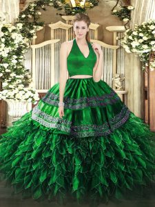High End Halter Top Sleeveless 15th Birthday Dress Floor Length Appliques and Ruffles Dark Green Organza