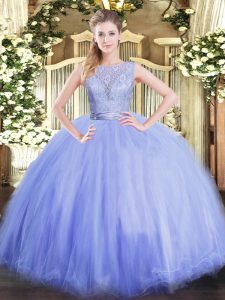  Lavender Tulle Backless Scoop Sleeveless Floor Length Quinceanera Gowns Lace