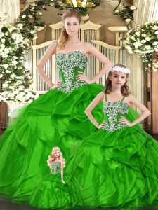 Elegant Strapless Sleeveless Vestidos de Quinceanera Floor Length Beading and Ruffles Green Organza