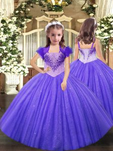 Modern Straps Sleeveless Lace Up Little Girls Pageant Dress Lavender Tulle