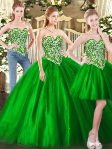 Beautiful Green Ball Gowns Beading Quinceanera Dress Lace Up Tulle Sleeveless Floor Length