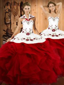 Sumptuous Wine Red Lace Up Sweet 16 Dresses Embroidery and Ruffles Sleeveless Floor Length