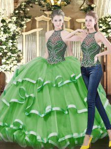  Green Lace Up High-neck Beading and Ruffled Layers Quince Ball Gowns Organza Sleeveless
