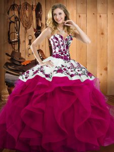  Sleeveless Satin and Organza Floor Length Lace Up Sweet 16 Quinceanera Dress in Fuchsia with Embroidery