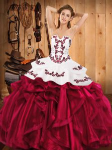 Spectacular Sleeveless Floor Length Embroidery and Ruffles Lace Up Quince Ball Gowns with Burgundy