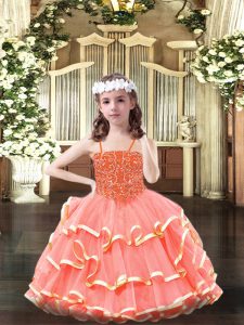  Scoop Sleeveless Little Girl Pageant Dress Floor Length Beading and Ruffled Layers Watermelon Red Organza