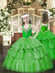  Floor Length Lace Up Little Girls Pageant Dress Green for Party and Quinceanera with Beading and Ruffled Layers