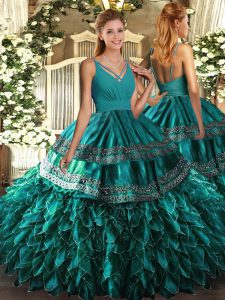 High Quality Organza V-neck Sleeveless Backless Ruffles Quince Ball Gowns in Teal 