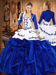 Stunning Blue 15 Quinceanera Dress Military Ball and Sweet 16 and Quinceanera with Embroidery and Ruffles Strapless Sleeveless Lace Up