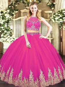  Hot Pink Sleeveless Floor Length Beading and Appliques Zipper Quinceanera Dresses