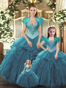 Top Selling Sleeveless Floor Length Beading and Ruffles Lace Up Ball Gown Prom Dress with Teal 