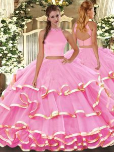 Custom Fit Rose Pink Quince Ball Gowns Military Ball and Sweet 16 and Quinceanera with Beading and Ruffled Layers Halter Top Sleeveless Backless