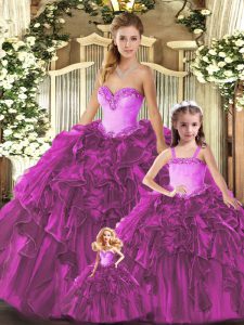 Noble Fuchsia Sweetheart Neckline Ruffles Quince Ball Gowns Sleeveless Lace Up