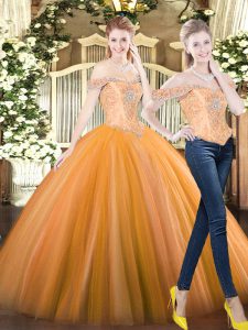 Captivating Orange Red Two Pieces Beading 15th Birthday Dress Lace Up Tulle Sleeveless Floor Length
