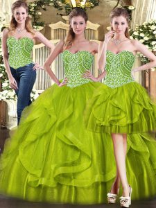  Olive Green Organza Lace Up Sweetheart Sleeveless Floor Length 15th Birthday Dress Beading and Ruffles