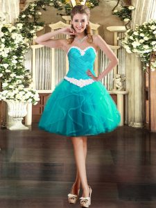 Captivating Aqua Blue Ball Gowns Appliques and Ruffles Prom Dress Lace Up Tulle Sleeveless Mini Length