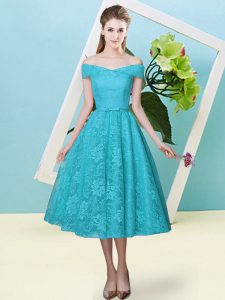 Vintage Teal Lace Up Off The Shoulder Bowknot Quinceanera Court of Honor Dress Lace Cap Sleeves