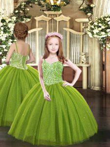  Olive Green Tulle Lace Up Little Girls Pageant Dress Sleeveless Floor Length Beading