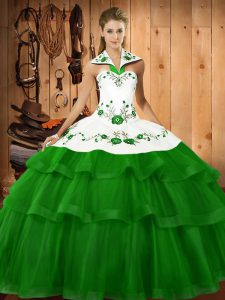  Green Halter Top Lace Up Embroidery and Ruffled Layers Quinceanera Gowns Sweep Train Sleeveless