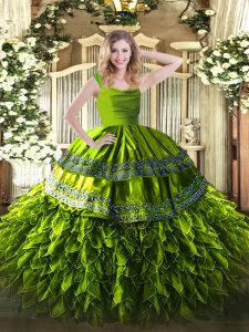 New Arrival Floor Length Olive Green 15th Birthday Dress Straps Sleeveless Zipper