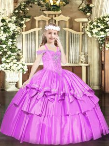  Lilac Organza Lace Up Off The Shoulder Sleeveless Floor Length Little Girl Pageant Gowns Beading and Ruffled Layers
