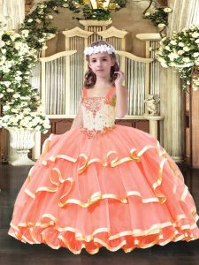  Organza Straps Sleeveless Lace Up Beading and Ruffled Layers Little Girls Pageant Dress Wholesale in Orange Red