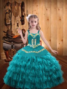  Ball Gowns Girls Pageant Dresses Teal Straps Organza Sleeveless Floor Length Lace Up