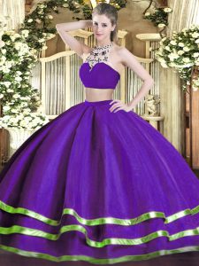 Custom Design Purple Two Pieces High-neck Sleeveless Tulle Floor Length Backless Beading Quinceanera Dresses