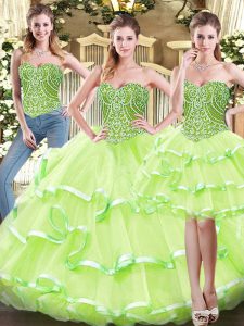  Floor Length Three Pieces Sleeveless Yellow Green Quinceanera Dress Lace Up