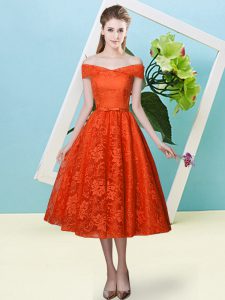  Rust Red Empire Bowknot Damas Dress Lace Up Lace Cap Sleeves Tea Length