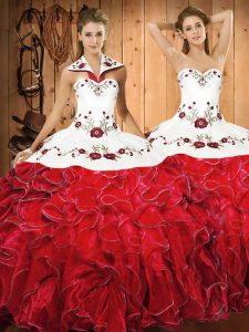 Low Price Floor Length Lace Up 15 Quinceanera Dress White And Red for Military Ball and Sweet 16 and Quinceanera with Embroidery and Ruffles