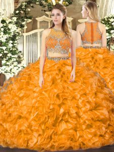  Sleeveless Organza Floor Length Zipper Quinceanera Gown in Orange Red with Beading and Ruffles