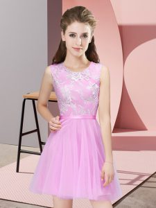 Great Mini Length Side Zipper Quinceanera Dama Dress Rose Pink for Prom and Party and Wedding Party with Lace