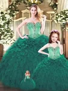  Sleeveless Tulle Floor Length Lace Up 15th Birthday Dress in Dark Green with Beading and Ruffles
