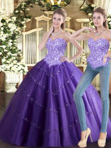 Best Purple Tulle Lace Up 15th Birthday Dress Sleeveless Floor Length Beading