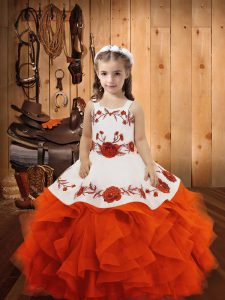Excellent Orange Red Tulle Lace Up Kids Pageant Dress Sleeveless Floor Length Embroidery and Ruffles