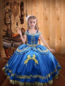  Blue Satin Lace Up Casual Dresses Sleeveless Floor Length Beading and Embroidery