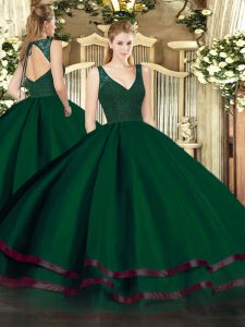  Dark Green Zipper 15th Birthday Dress Beading and Ruffled Layers Sleeveless Floor Length