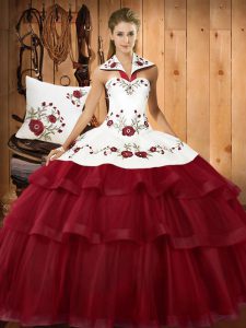 Excellent Halter Top Sleeveless Satin and Organza Sweet 16 Quinceanera Dress Embroidery and Ruffled Layers Sweep Train Lace Up