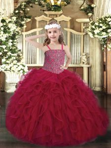 Elegant Wine Red Girls Pageant Dresses Party and Quinceanera with Beading and Ruffles Straps Sleeveless Lace Up