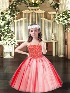 Attractive Floor Length Coral Red Little Girls Pageant Dress Wholesale Spaghetti Straps Sleeveless Lace Up