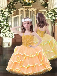 Fantastic Sleeveless Organza Floor Length Lace Up Pageant Gowns For Girls in Orange with Beading and Ruffled Layers