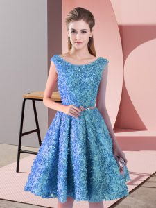 Fashionable Baby Blue Lace Up Prom Evening Gown Belt Sleeveless Knee Length